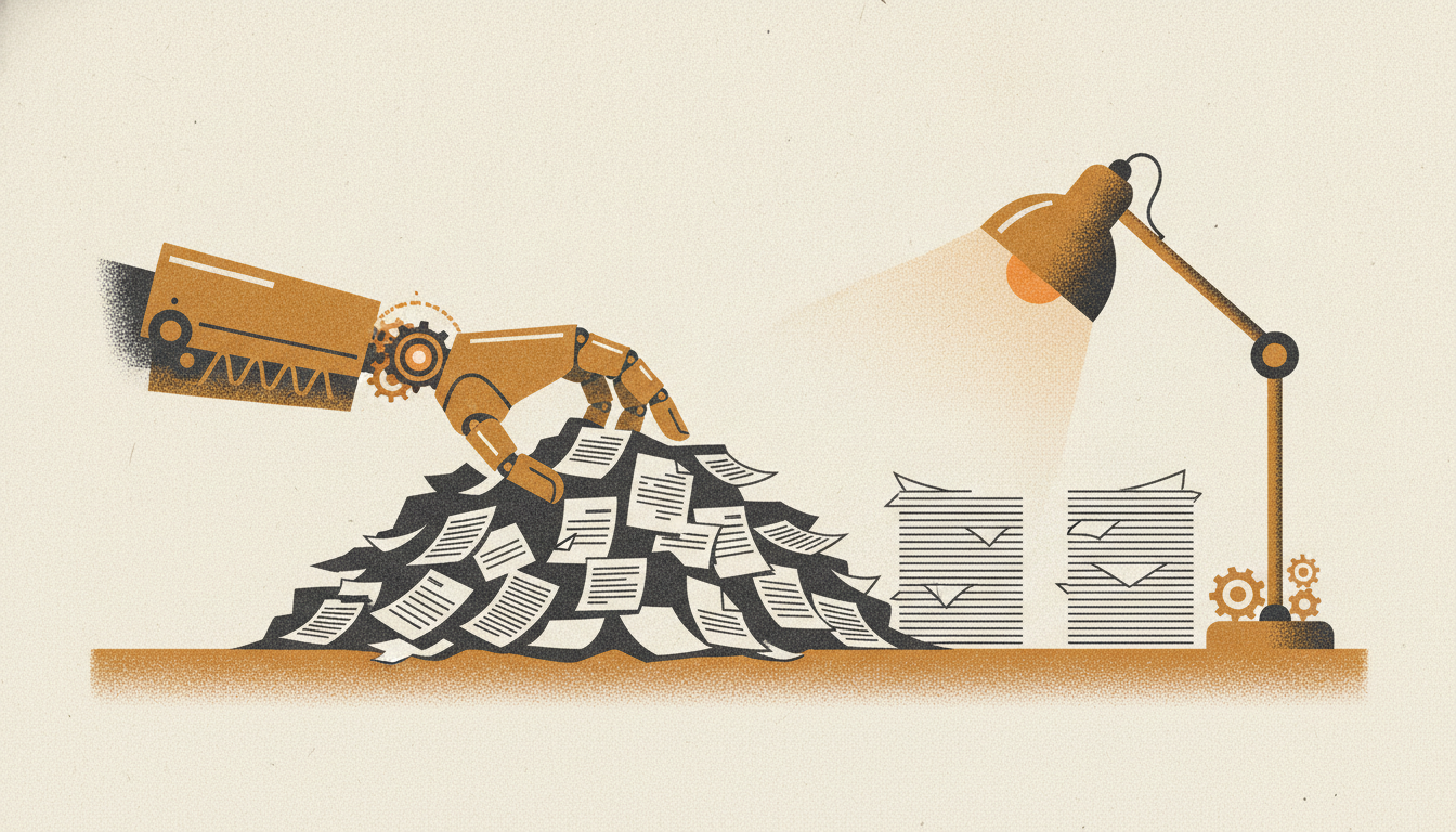 A brass mechanical hand neatly arranges a chaotic pile of desk paperwork into tidy, organized stacks.