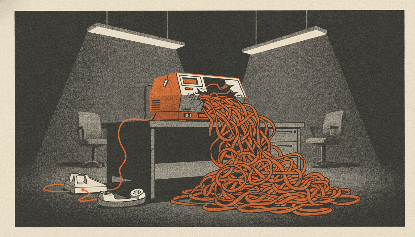 An old answering machine overflows with a tangled nest of cassette tape spilling across a dark desk.