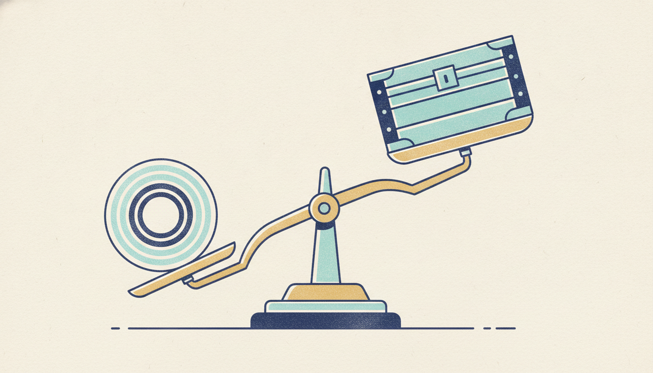 An iridescent silicon wafer tips an antique brass scale, visibly outweighing a wooden strongbox on the opposite pan.