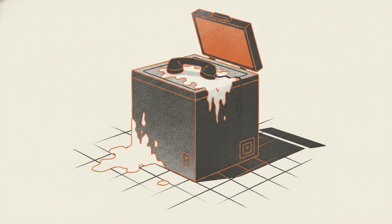 A black telephone off the hook rests on the frosted lid of a cracked-open industrial freezer under harsh lighting.
