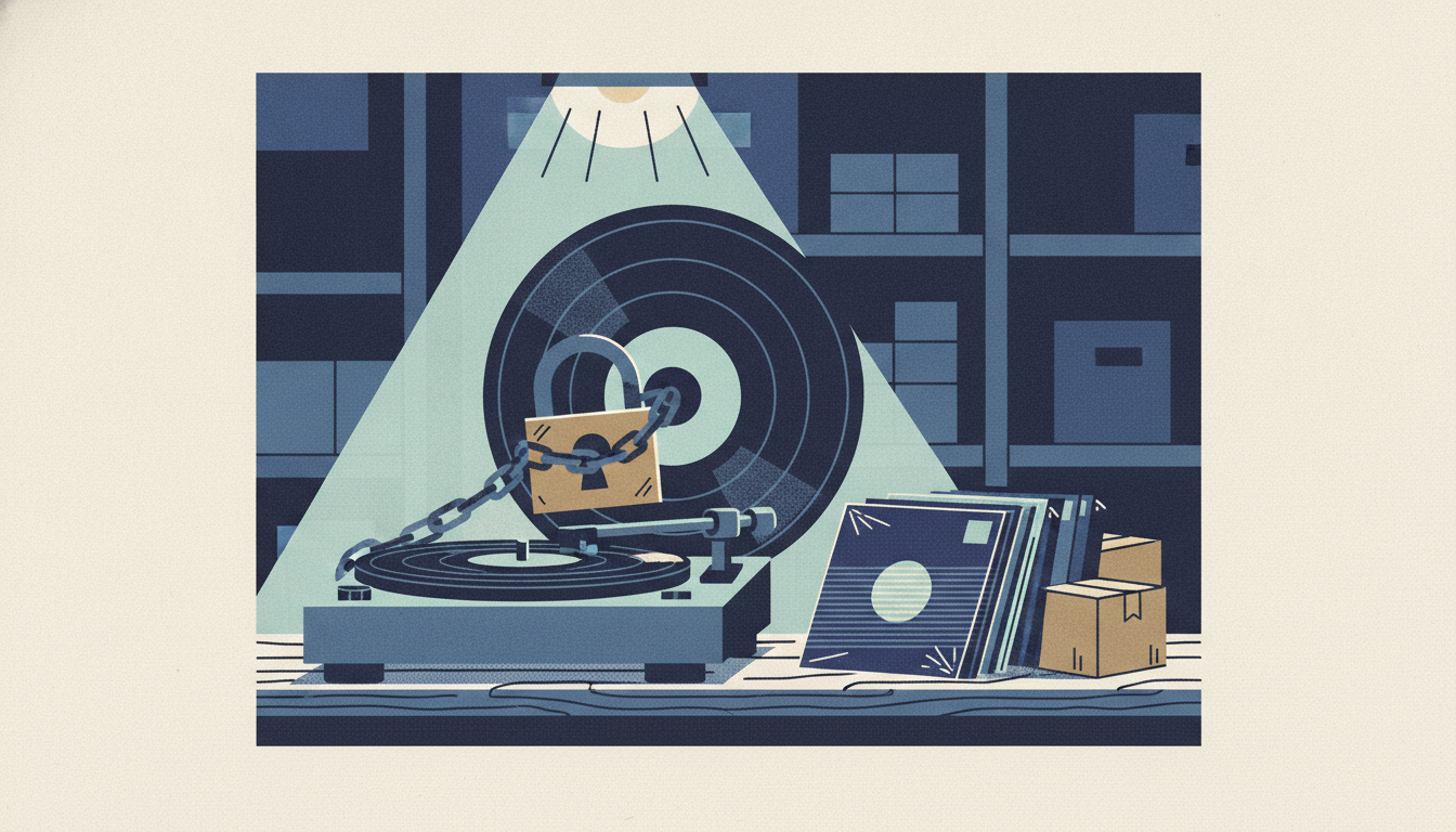 A vinyl record sits anchored by a heavy brass padlock on a turntable, beside stacked media shipping boxes.
