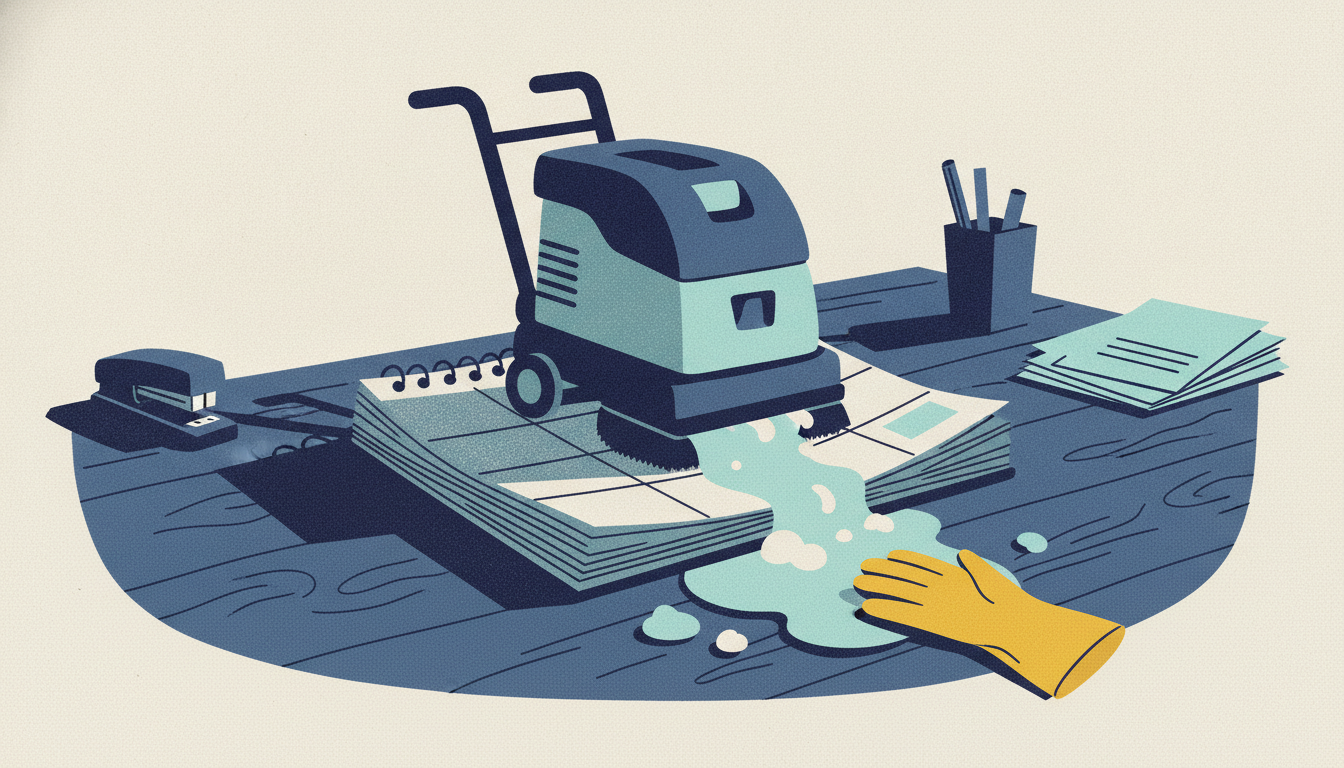 An industrial yellow floor scrubber crushes an open desk calendar on an office desk, leaking soapy water.