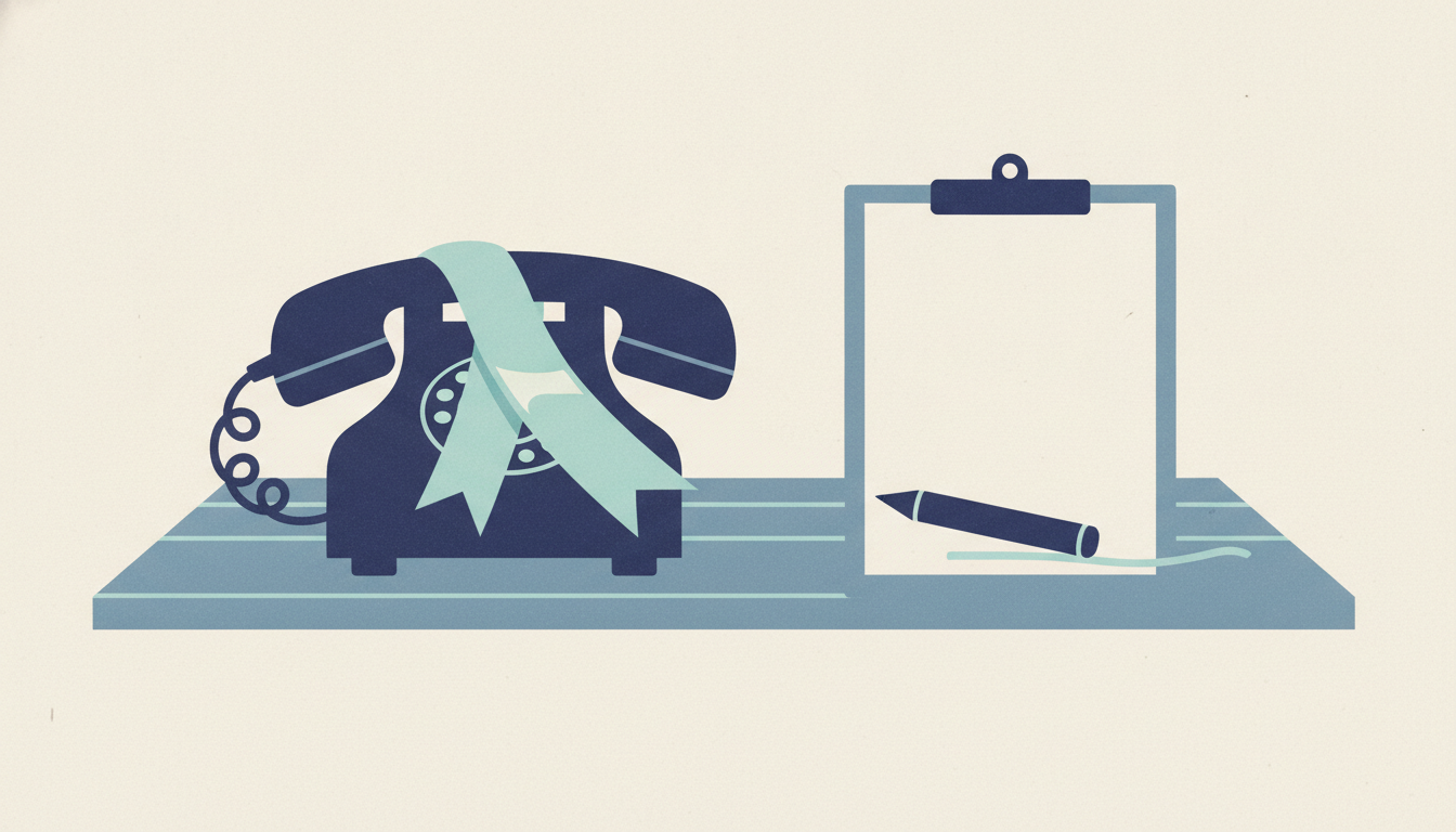 A telephone receiver draped in an award ribbon rests beside a blank, unsigned work order clipboard.