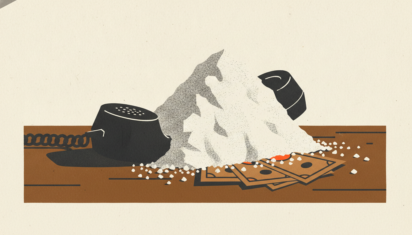 A black telephone receiver is buried under a heavy mound of white rock salt that spills over a stack of paper currency.