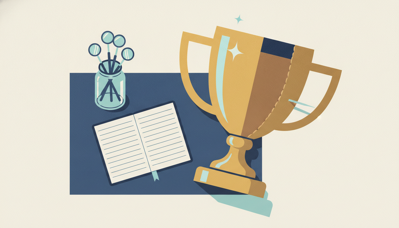 A massive gold trophy on an office desk next to dental tools is turned to reveal a hollow cardboard back propped by a stick.
