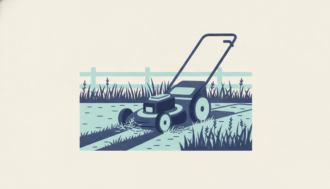 A push mower rests on a trimmed lawn before two tall, uncut patches of grass in late afternoon light.