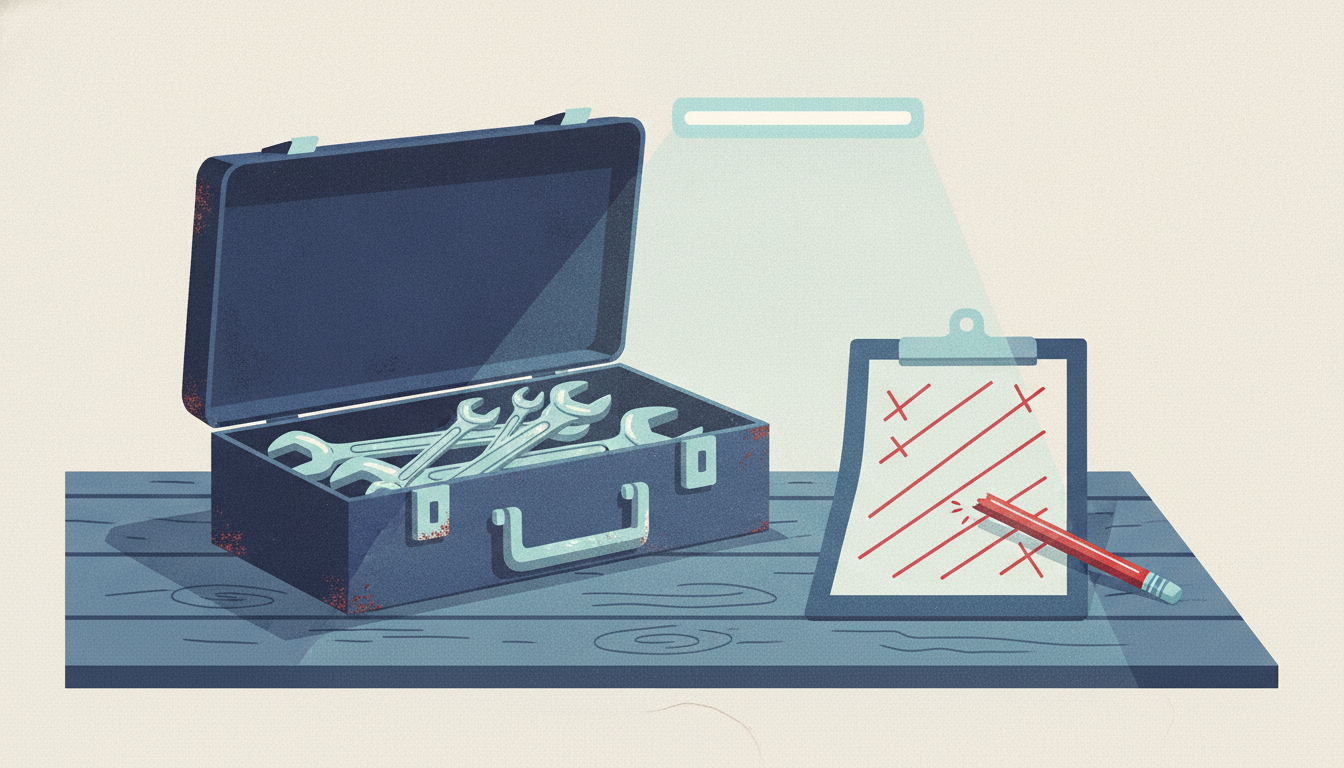An open toolbox with pristine wrenches sits on a workbench beside a clipboard marked with harsh red slashes.