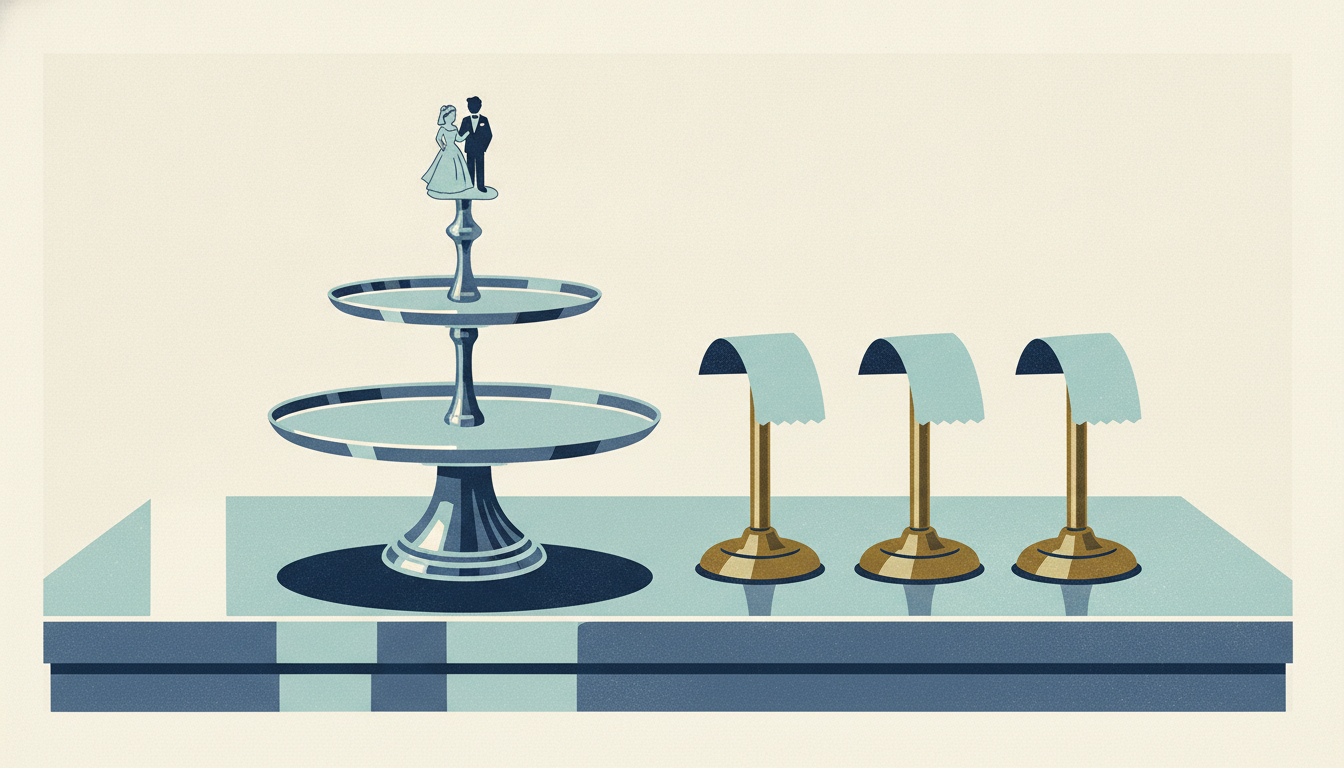 A miniature wedding cake topper sits on an empty tiered stand beside three identical receipt spikes holding blank slips.