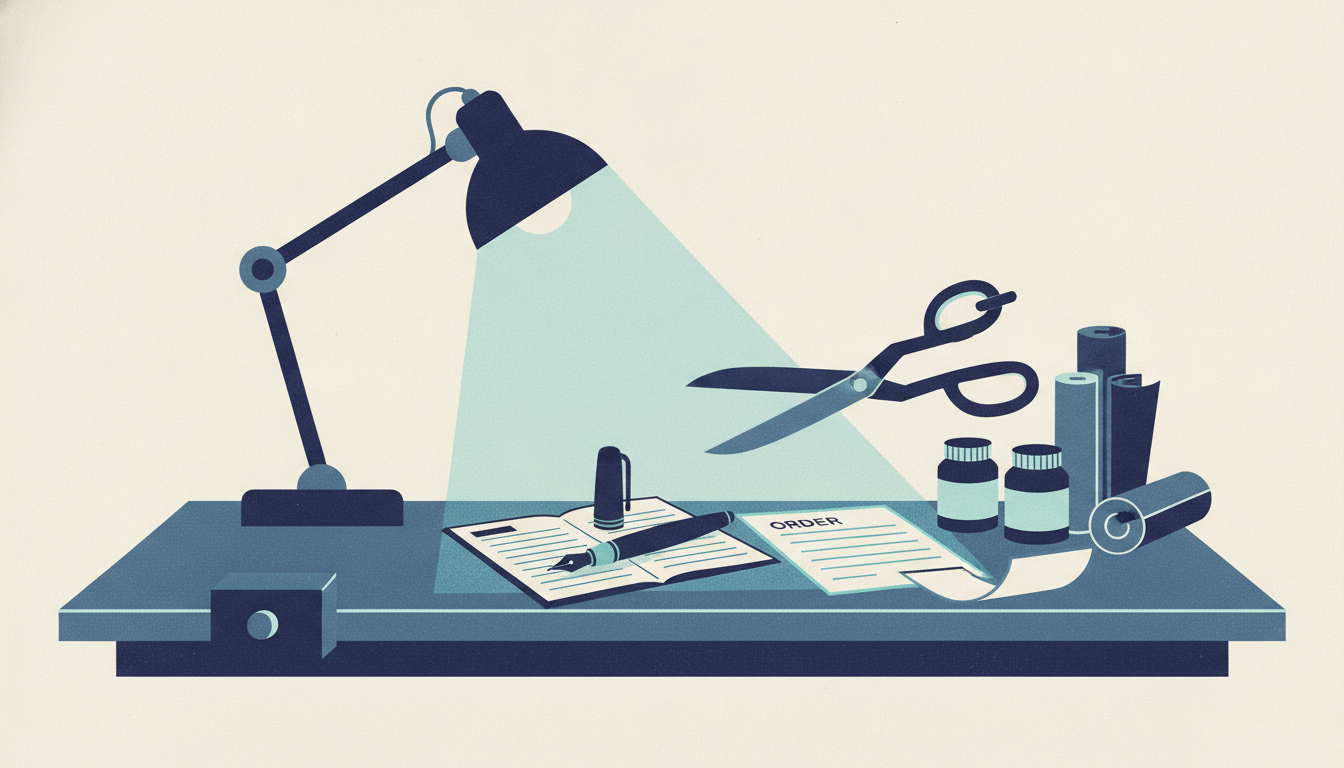 An uncapped fountain pen and heavy shears slicing a paper invoice on a sign maker's workshop table.