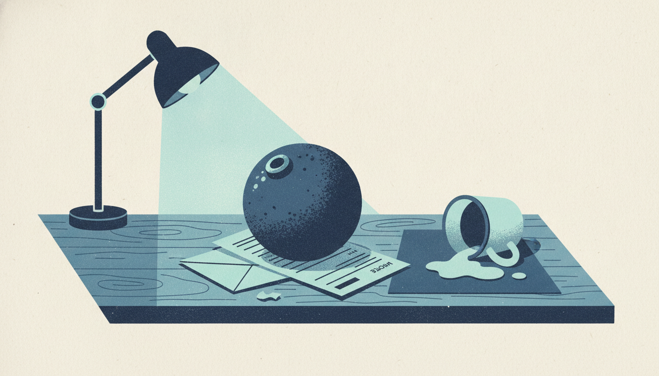 A heavy iron ball sits atop a folded paper bill on a weathered wooden desk next to a spilled cup of coffee.