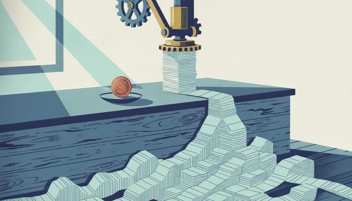 A single coin sits beside an automated brass stamper that buries a shop floor beneath an endless pile of paper tickets.