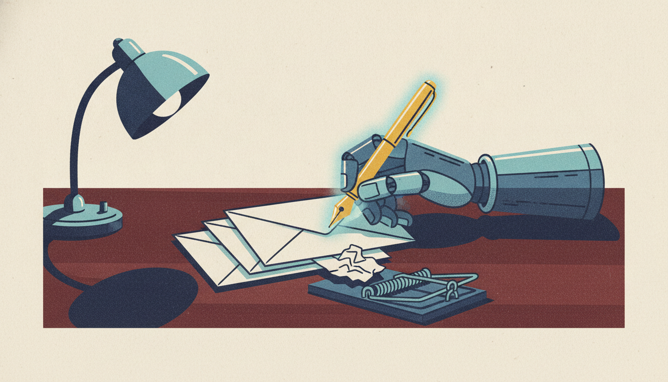 A toy robot hand signs letters on a desk, burying a crumpled paper trapped in an armed mousetrap beneath the stack.