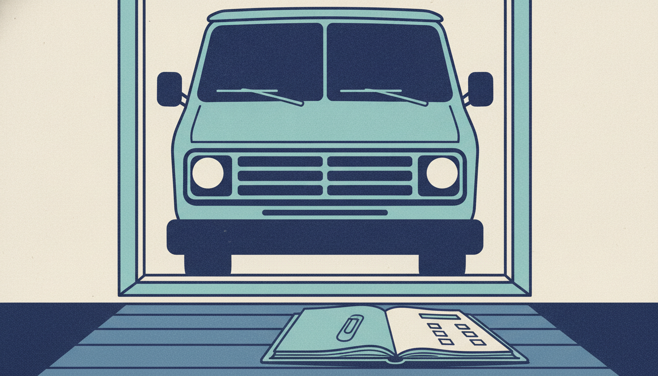 An open loan folder on an office desk is overshadowed by a large white cargo van parked right outside the window.