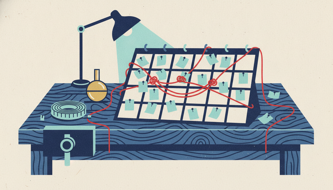 A workshop calendar covered in chaotic pins, tangled red string, and misplaced invitation slips beside a tape measure.