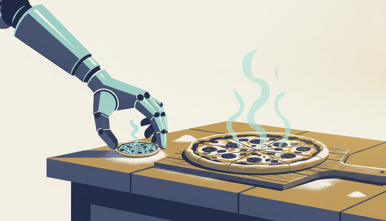 A chrome robotic arm places a tiny toy pizza next to a full-sized gourmet pizza on a flour-dusted wooden counter.