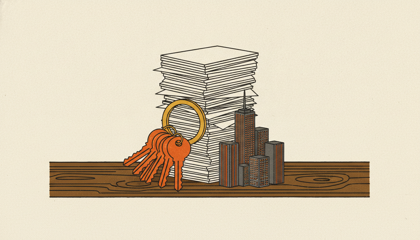 A heavy ring of brass master keys sits pinned beneath a tall stack of blank white index cards on a dark wood desk.