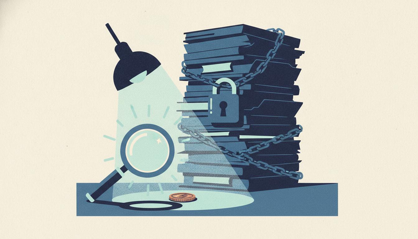A magnifying loupe inspects a tiny copper coin beside a towering stack of folders bound in heavy iron chains.