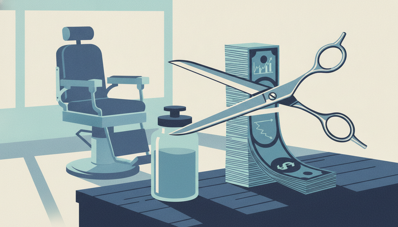 Chrome barber shears slice a tall stack of paper bills in half on a wooden counter next to a jar of blue disinfectant.