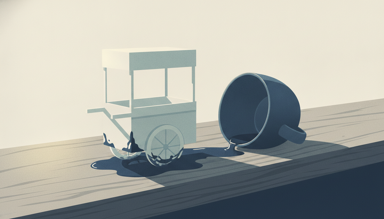 A miniature folded paper coffee cart sags as spilled coffee from an espresso cup pools around its paper wheels.