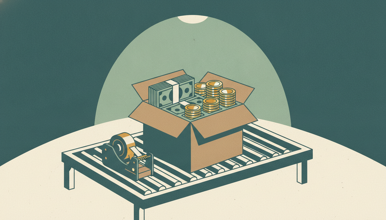 An open cardboard shipping box filled with stacks of cash and coins rests on a warehouse roller conveyor.