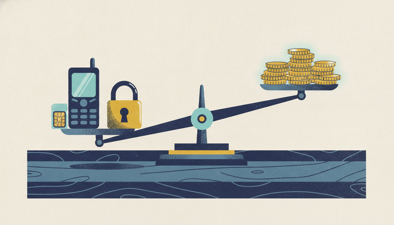 An antique brass scale balances an open padlock and a basic mobile phone against a tall stack of gold coins.
