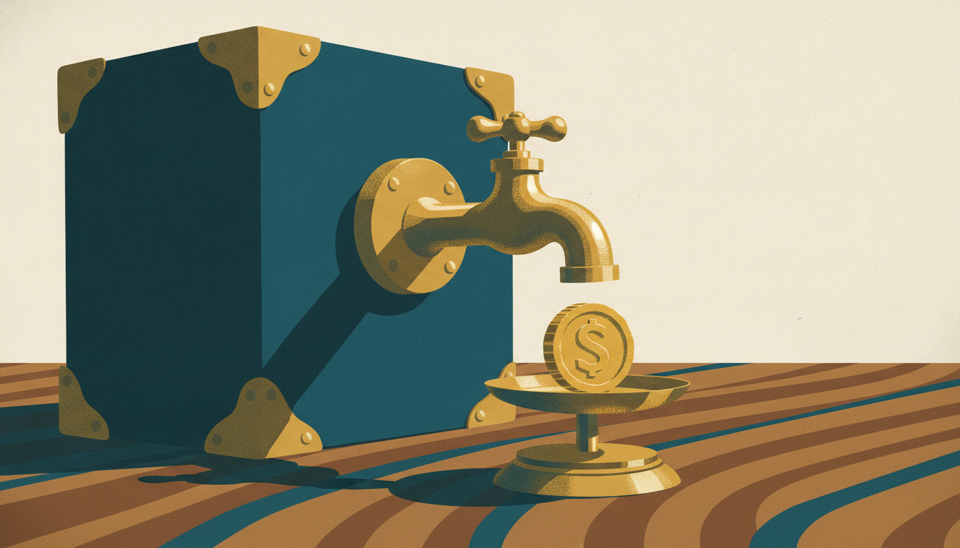 A brass spigot mounted on a deep-blue strongbox drops a single gold coin onto a small jeweler's scale.