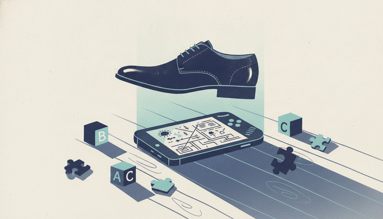 A black dress shoe poised to stomp onto a glowing portable game console surrounded by scattered colorful toy blocks.