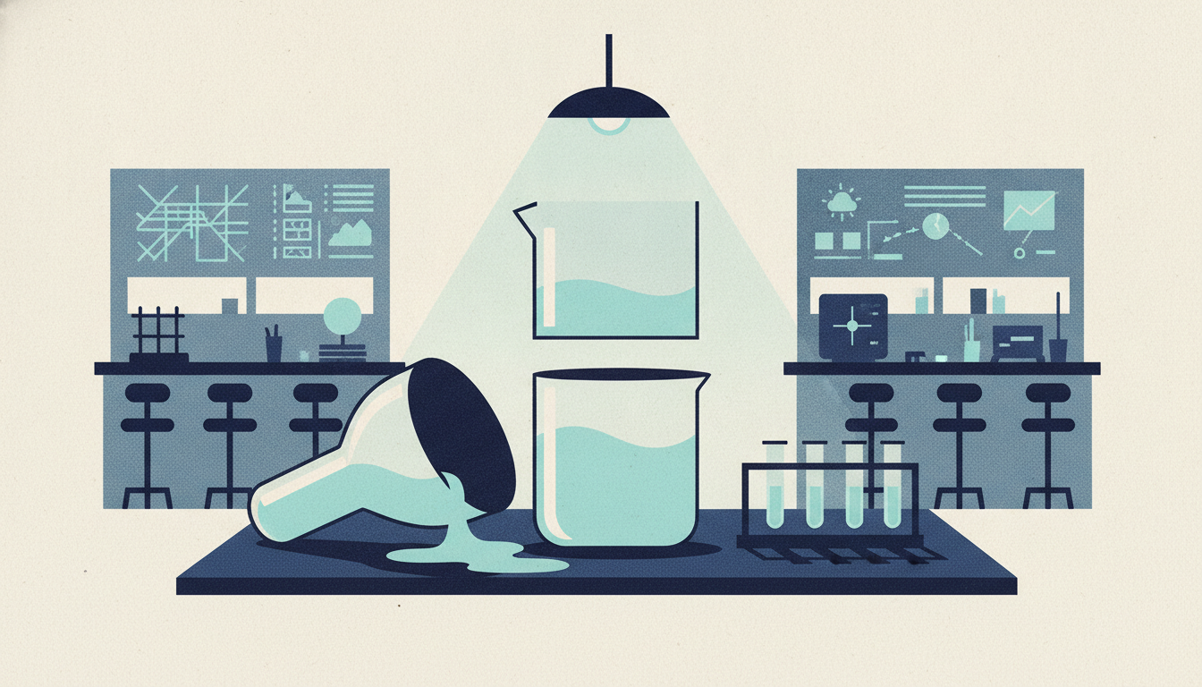 A tall glass beaker lies sliced in half on a dim, empty laboratory counter with liquid spilling across the dark surface.