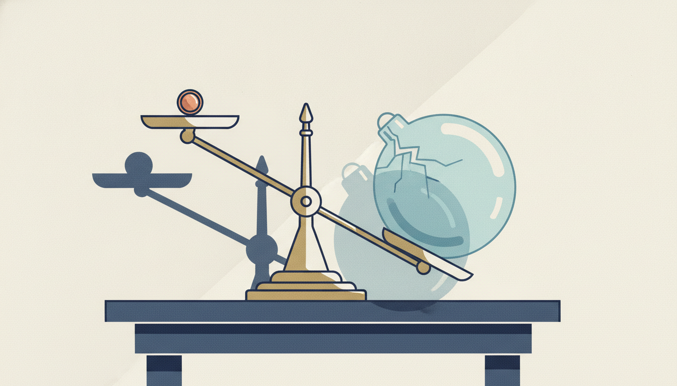 An antique balance scale tilts under an oversized, cracked glass globe weighed against a single tiny coin.