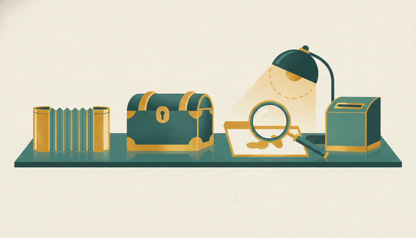 Three distinct brass lockboxes sit under a magnifying glass on a polished wooden desk in warm lamp light.