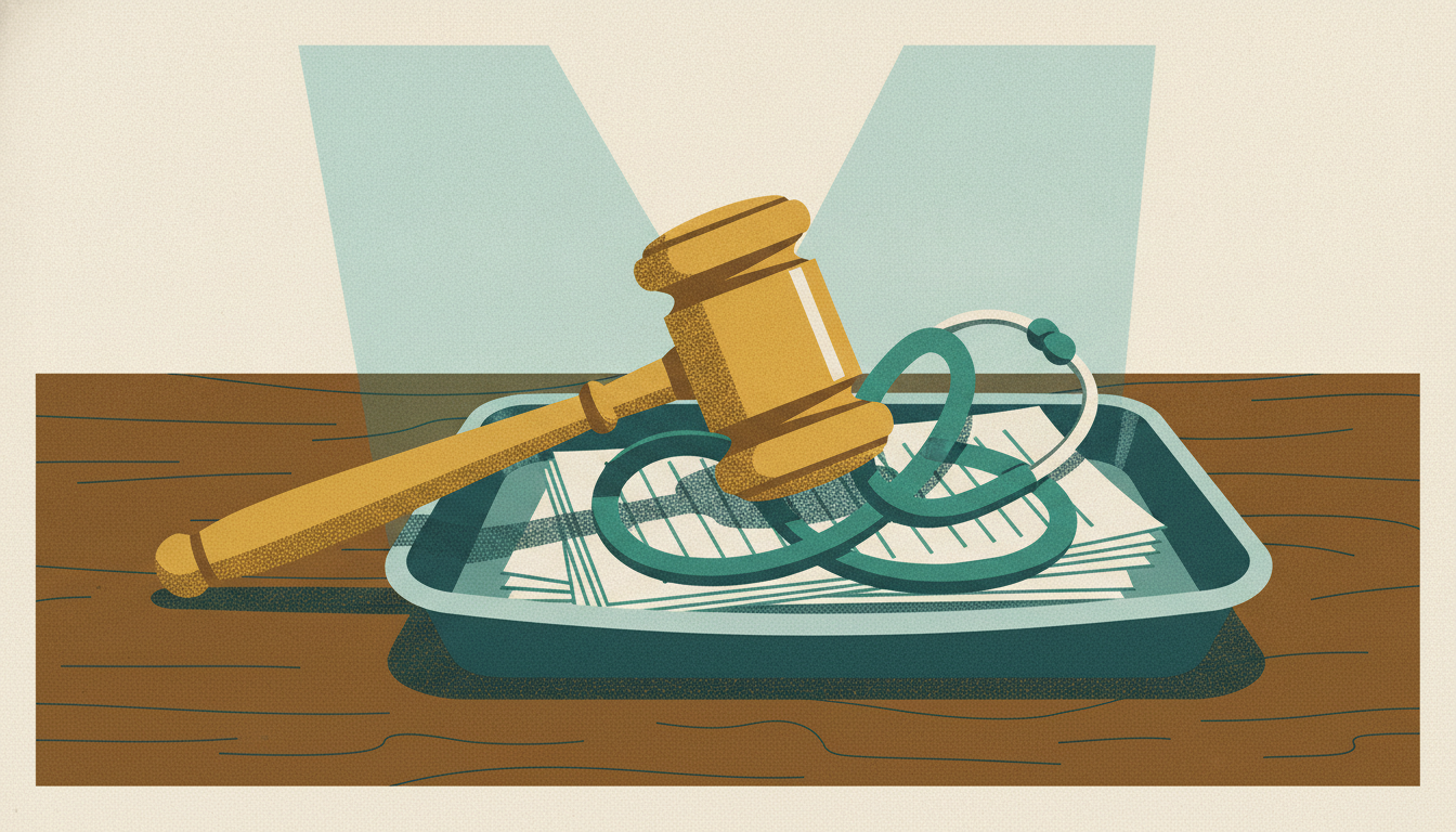 A physician's stethoscope is tangled beneath a heavy wooden gavel inside a stainless steel surgical tray.