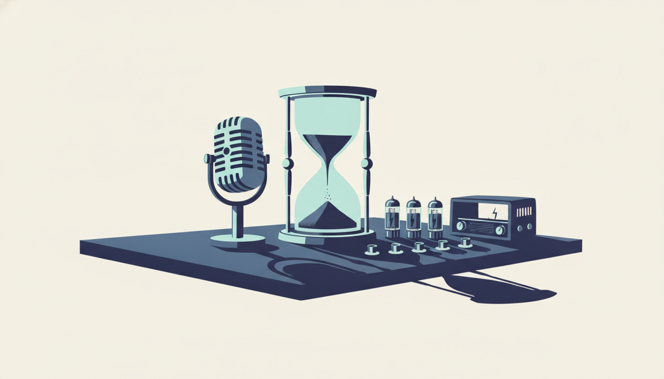 A vintage broadcast microphone and detached radio components sit beside a nearly empty brass hourglass on a dark table.