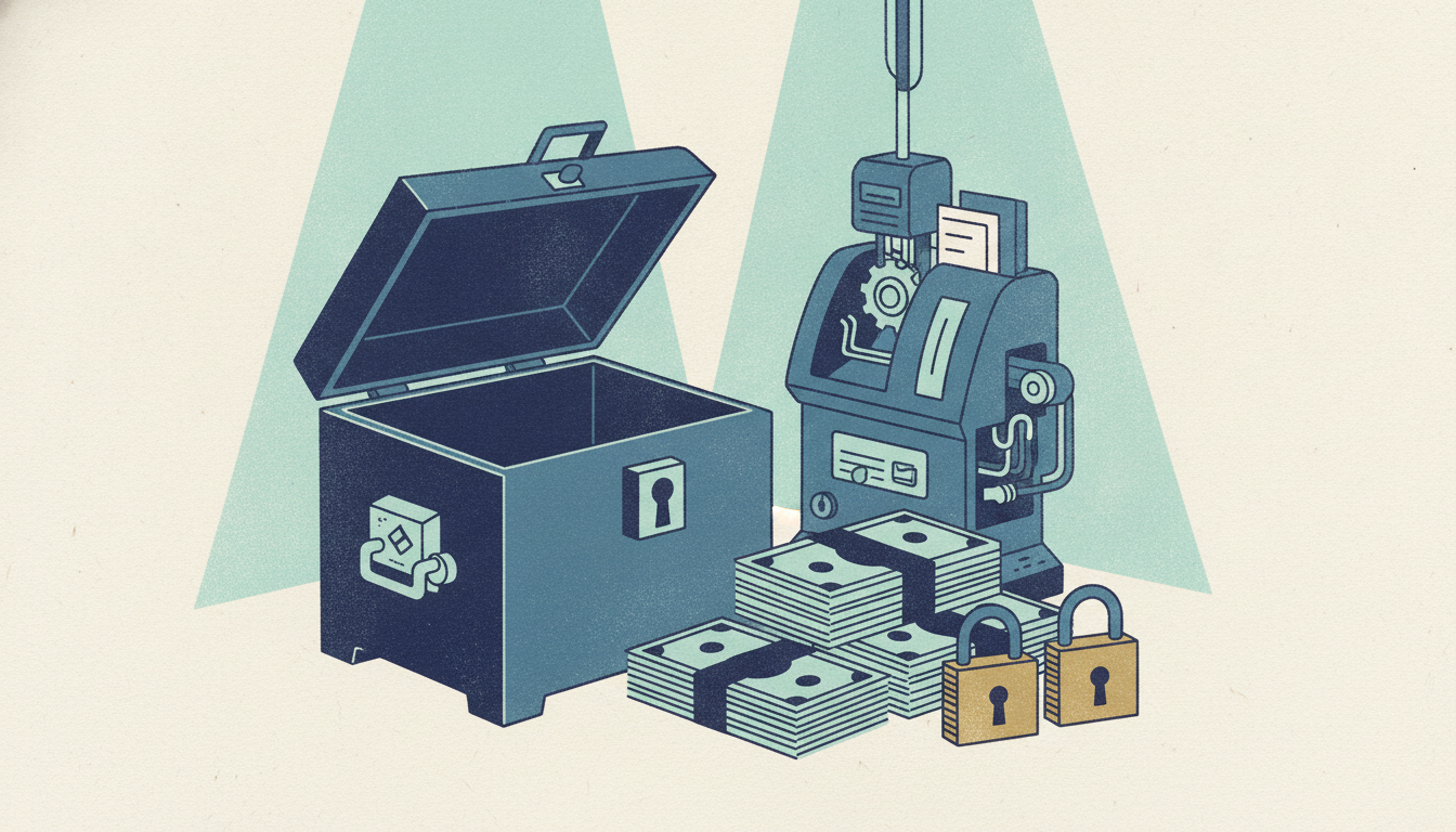 An open armored cash lockbox rests beside the exposed steel mechanism of an ATM on a concrete warehouse floor.