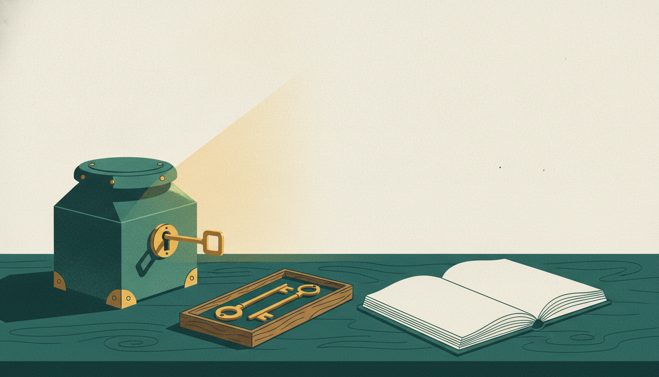 A tray of assorted brass keys beside an iron lockbox, with one chosen key fitted neatly into the lock.