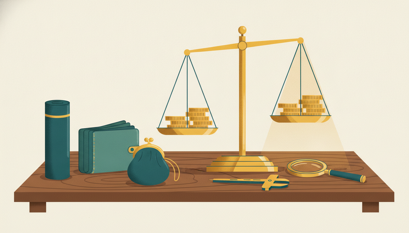 Three distinct leather coin pouches lie beside a brass balance scale and calipers on a polished wooden desk.