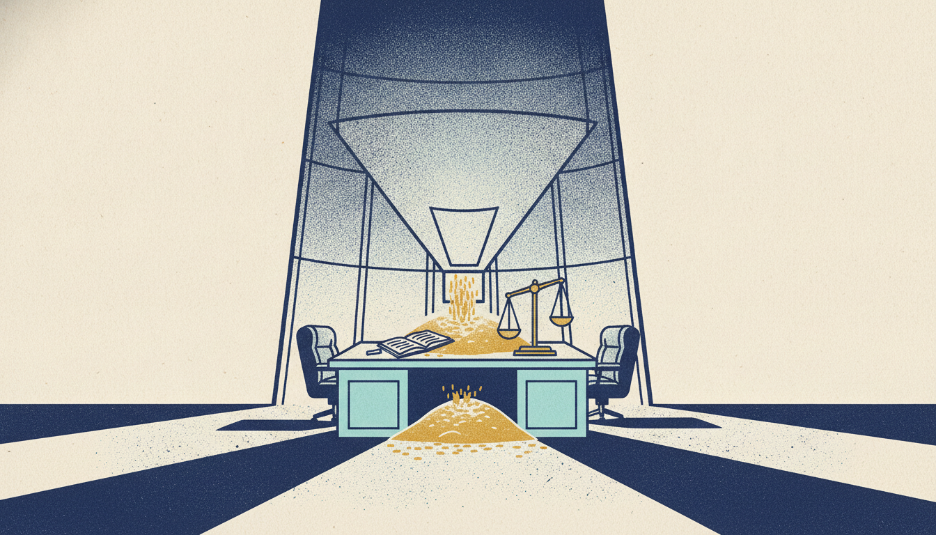 Two empty executive chairs sit beside an abandoned mahogany desk being swallowed by spilled grain inside a dark silo.