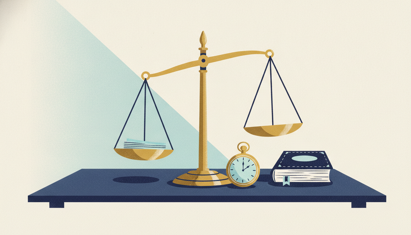 A brass balance scale sits uneven on a dark mahogany table beside an open pocket watch and a heavy leather ledger.