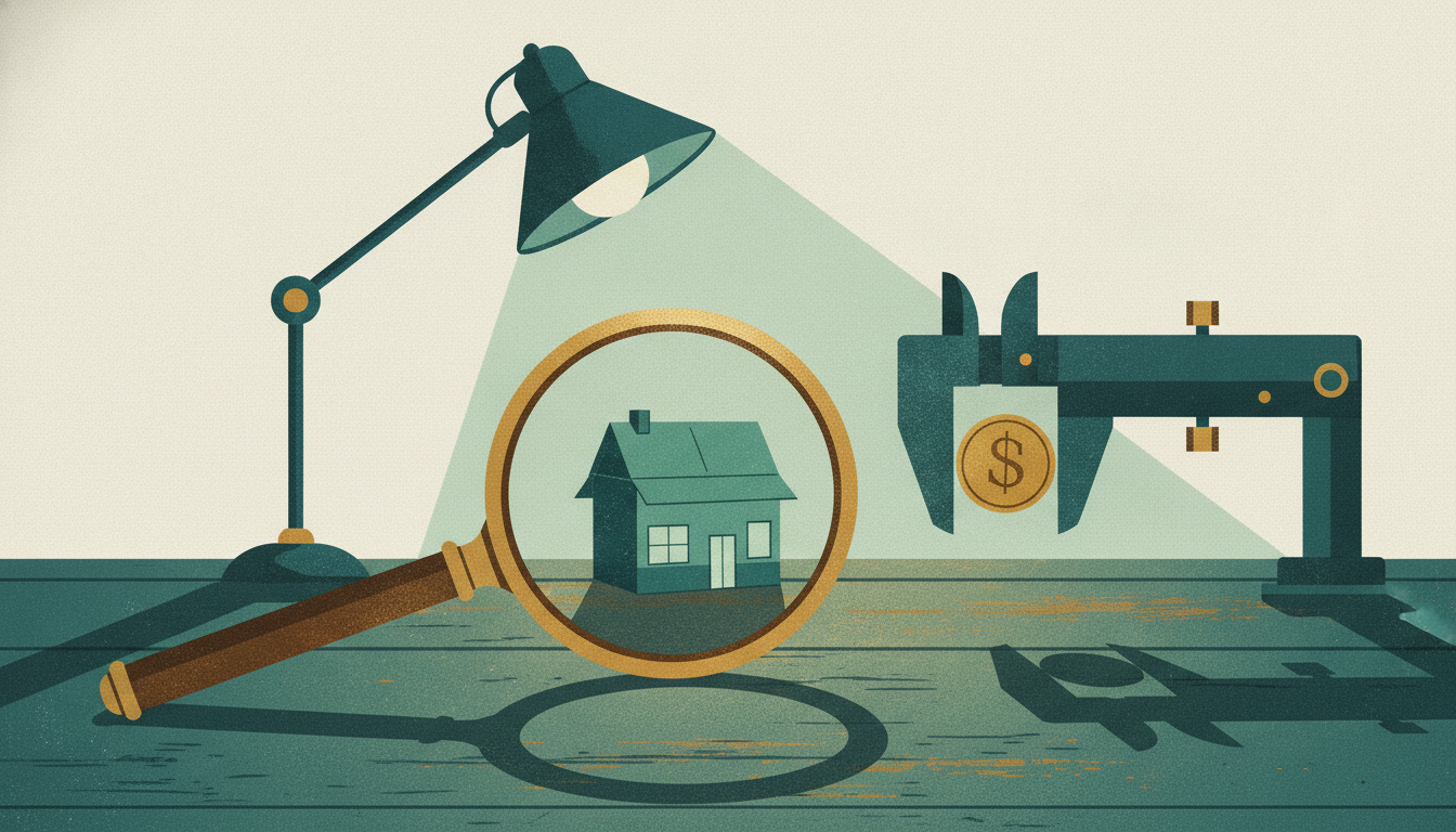A brass magnifying glass and heavy iron calipers examine a miniature paper storefront under a harsh desk lamp.