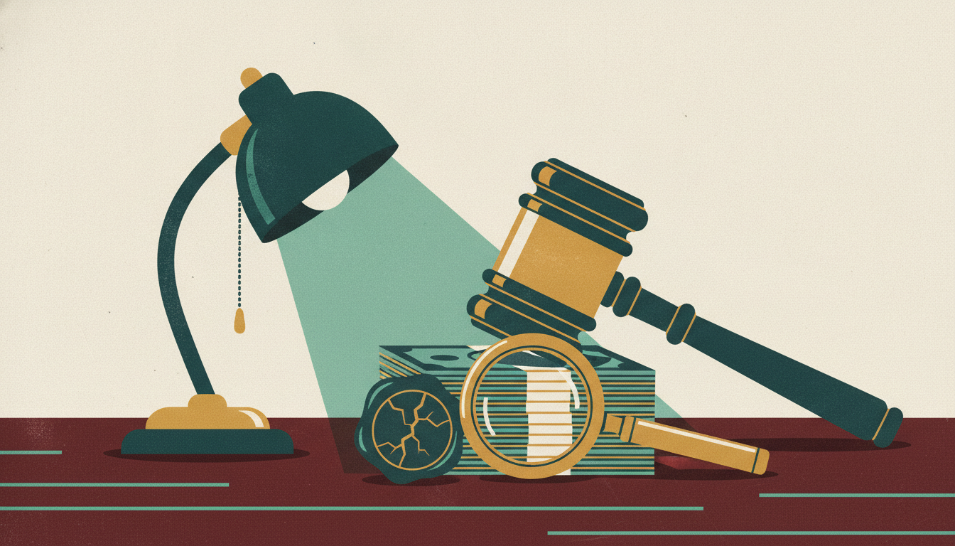 A heavy brass gavel rests on a stack of loan papers next to a banker's lamp and a cracked wax seal on a dark desk.