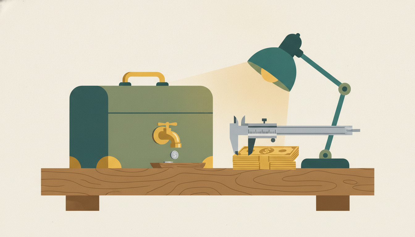 A brass caliper rests beside a small metal cash box fitted with a water spigot on a wooden desk.