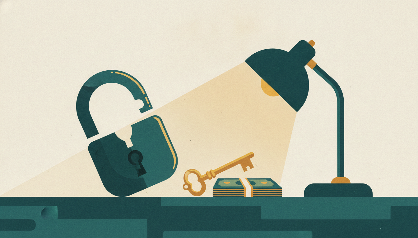 A brass key and an unlocked iron padlock rest beside a tidy stack of bundled cash on a wooden desk.