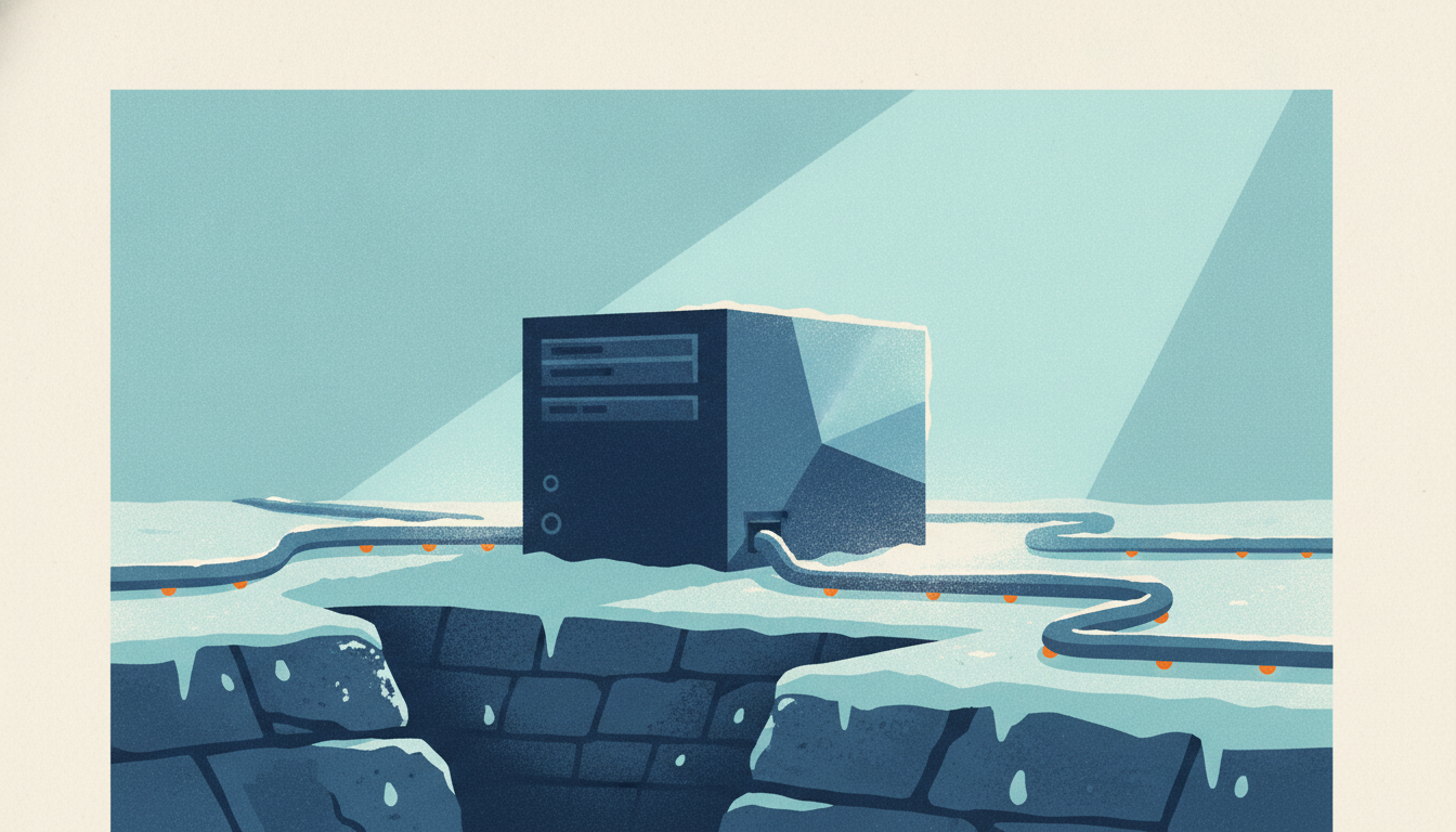 A black computer server tower sits in a frosty stone trench illuminated by a single ray of morning sunlight.