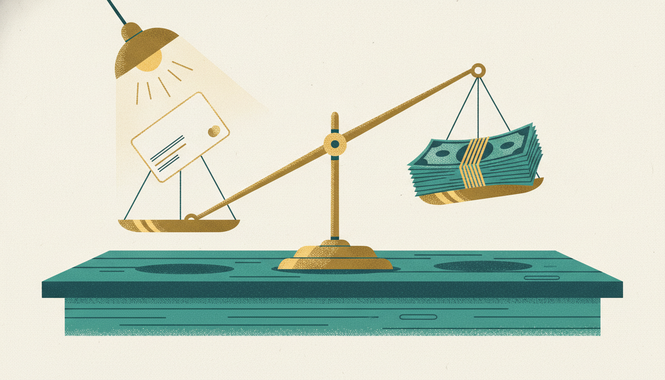 A brass balance scale weighs a plain plastic card against a heavy bundle of twine-bound cash.