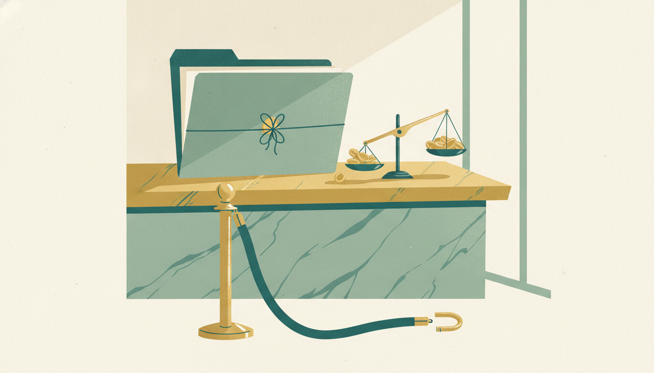 A tied loan folder sits on a sunlit marble bank counter beside an unhooked velvet rope barrier.