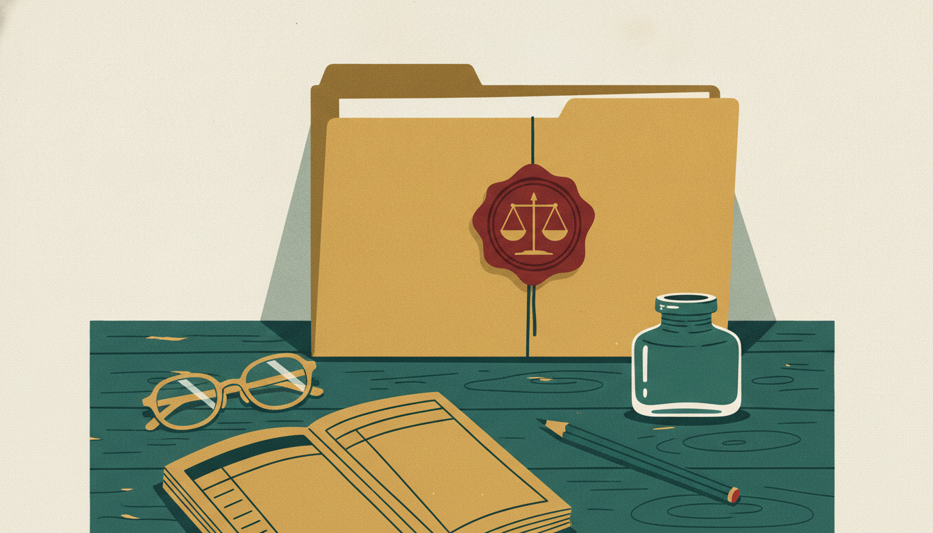 A sealed folder sits beside an open notebook and pencil on a sunlit wooden desk.