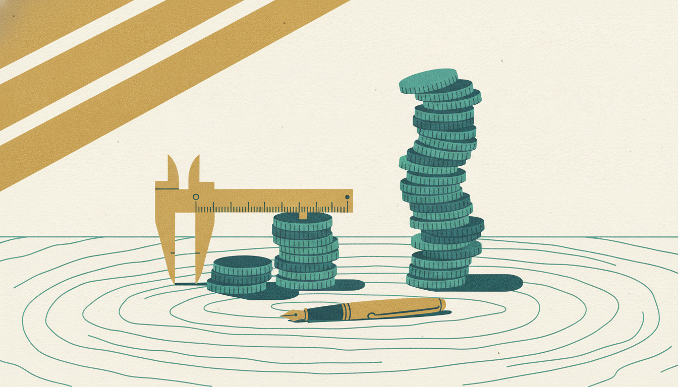 Brass calipers measure a short stack of coins beside a taller stack on a sunlit oak desk next to a fountain pen.