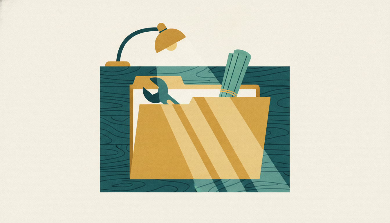 An open, blank folder rests on a dark wood workbench beside a heavy steel wrench and rolled blueprints.