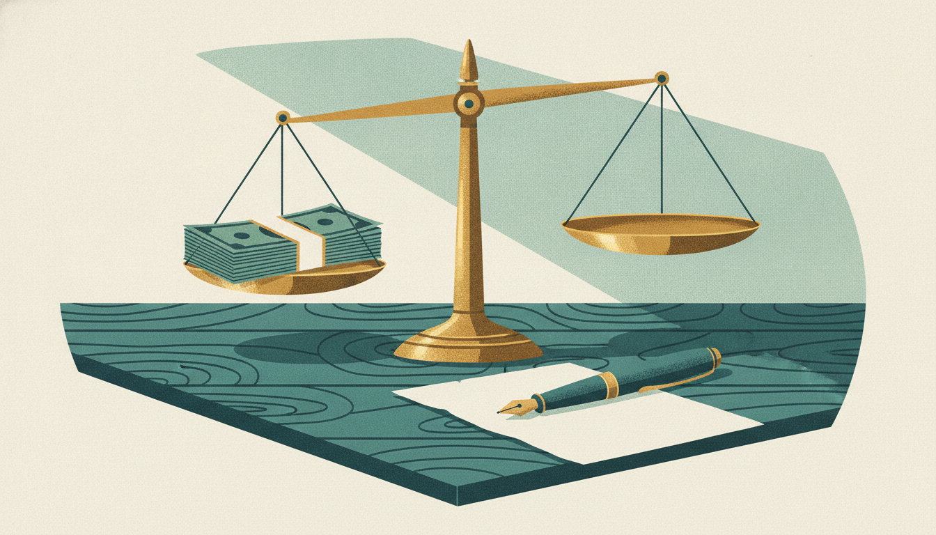 A brass balance scale stands level on an oak desk with paper currency on one pan and nothing on the other.