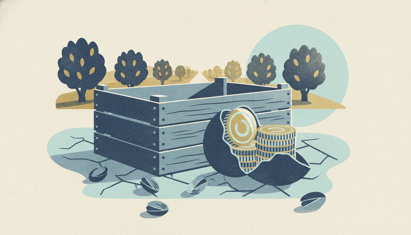 A cracked pistachio shell spills brass coins onto dry farmland soil beside a wooden crate in warm afternoon light.