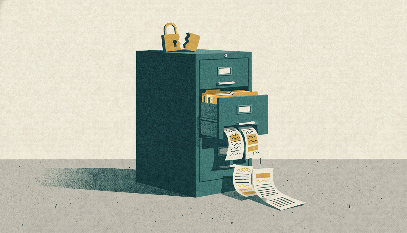Manila folders spill from a pried-open metal filing cabinet beneath a broken brass padlock in a dim office.